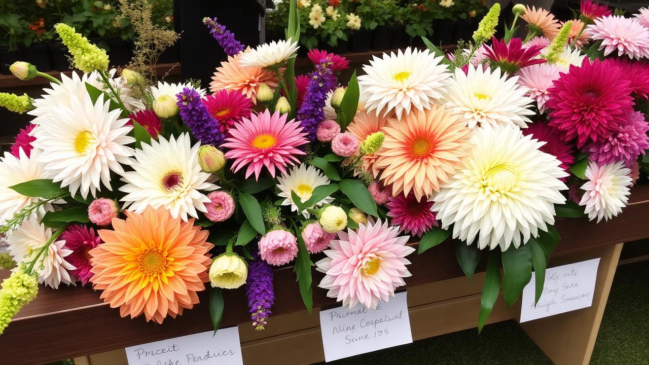 Cut flowers and dahlias on display