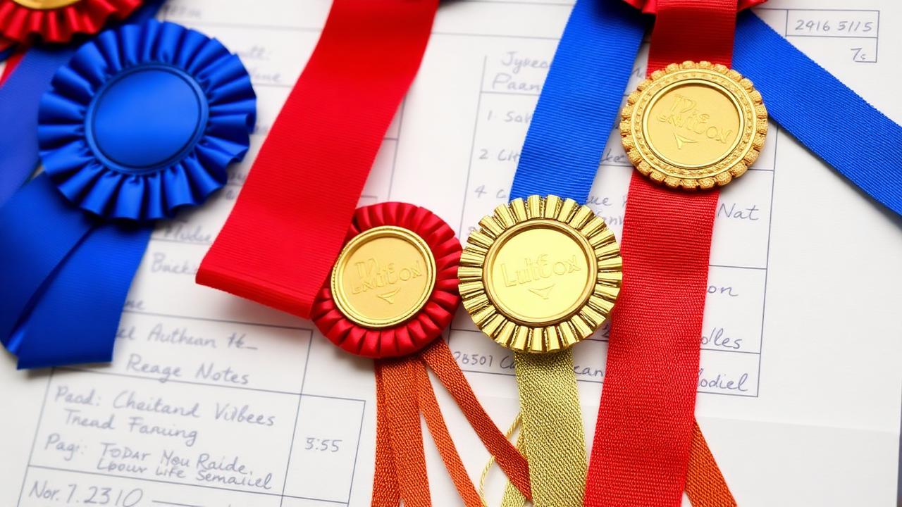 Prize rosettes on a judge's table