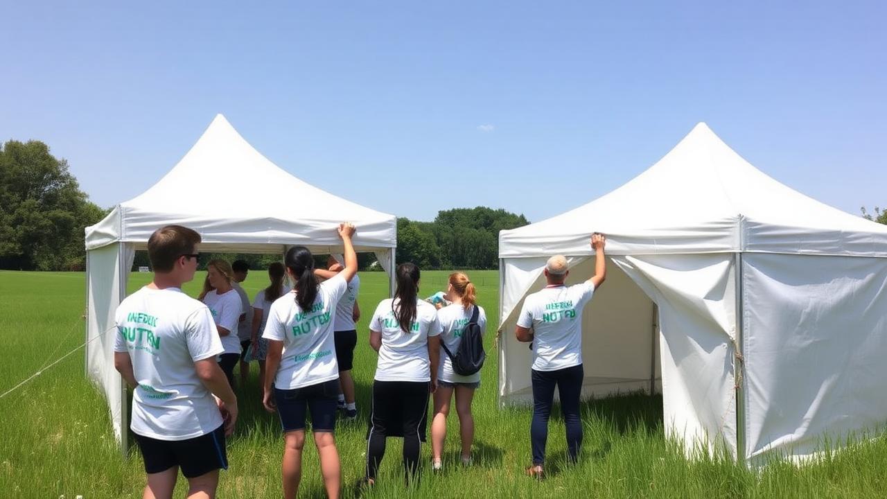 Volunteers setting up marquees